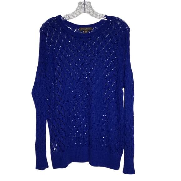 Tommy Bahama Womens Open Knit Crewneck Sweater Medium Blue Cotton Blend Pullover - Picture 1 of 7